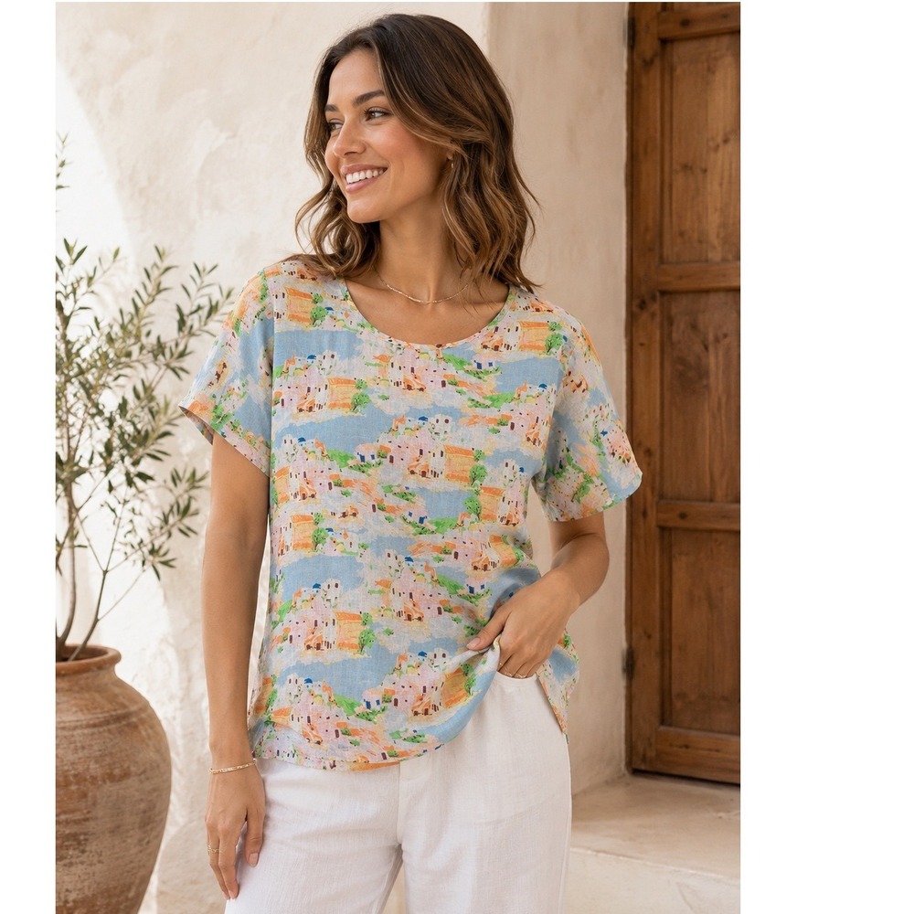Cynthia Rowley Womens 1X Linen Top Mediterranean Village Print Short Sleeve Blue